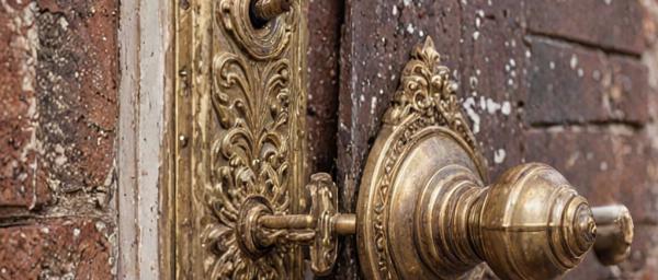 Restored brass architectural hardware with polished finish for historic building